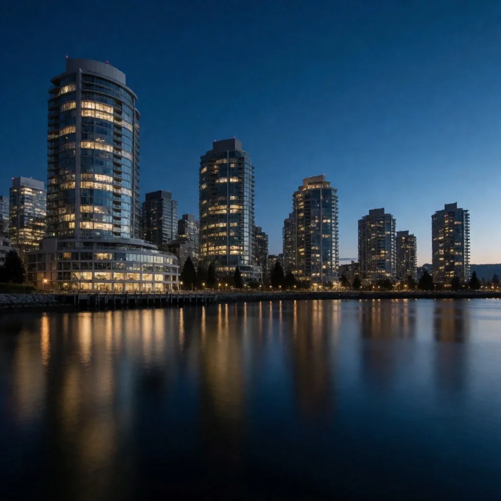 Horizonte urbano de Vancouver al anochecer