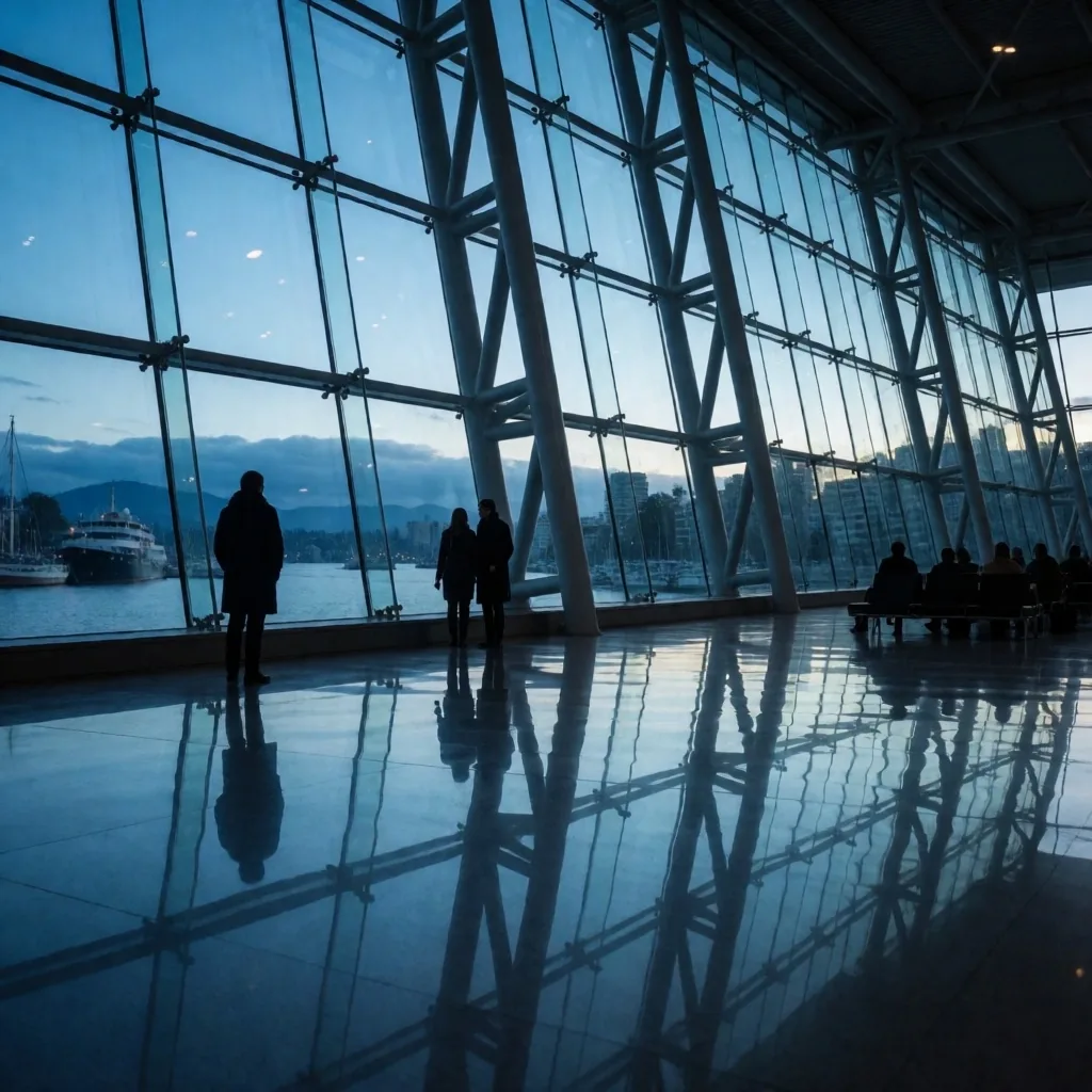 Vancouver al atardecer visto desde una terminal de cristal