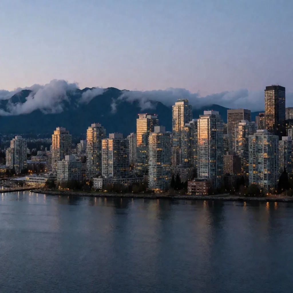 Horizonte de Vancouver al atardecer con torres de cristal